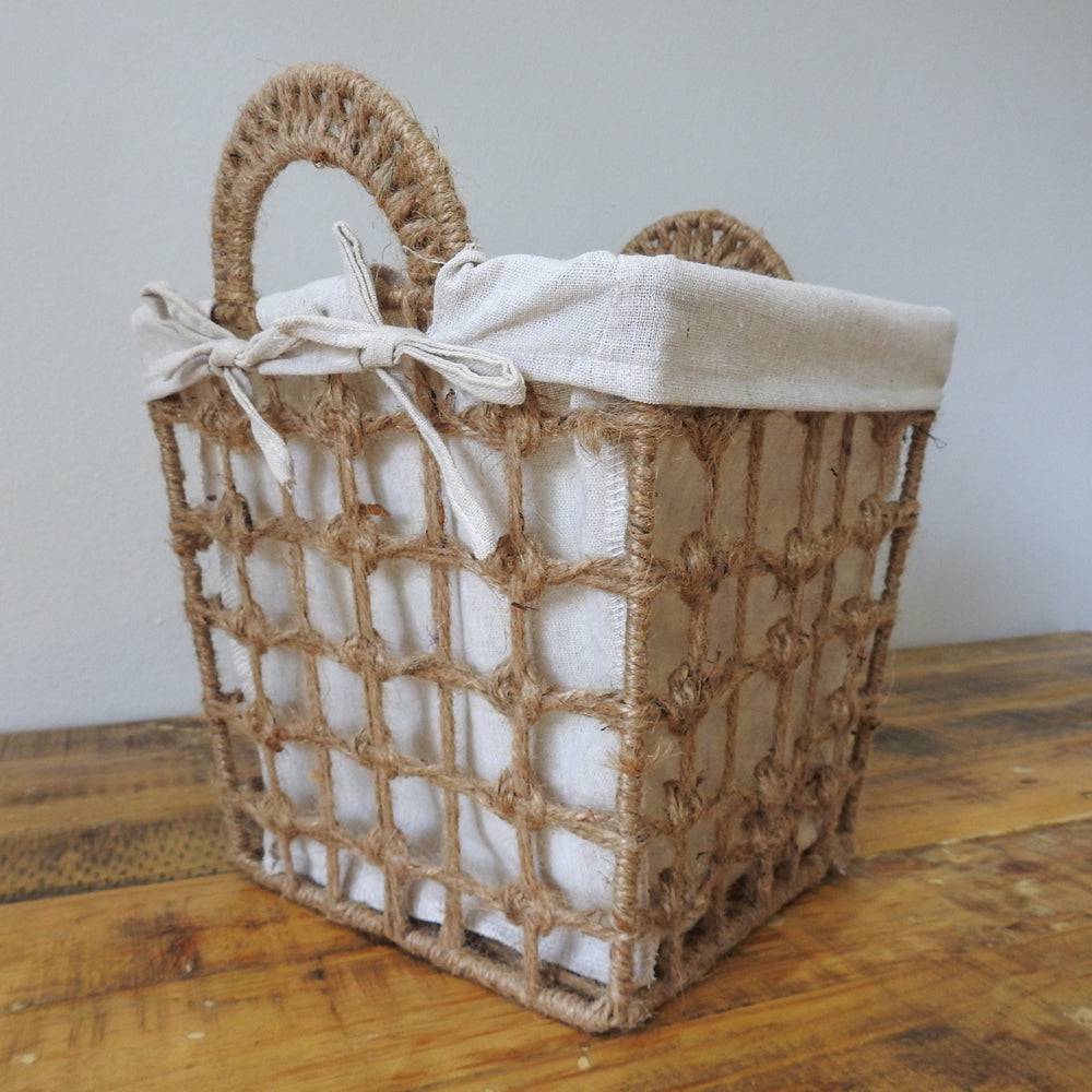 Square Hemp Tied Wire Basket with Fabric Inner