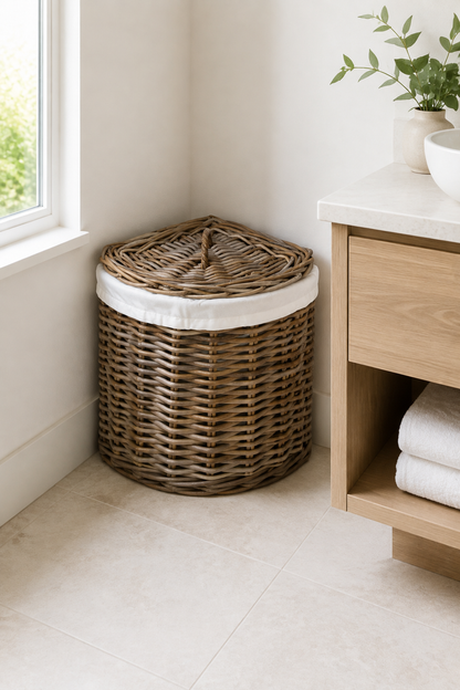 Rattan Corner Laundry Baskets with Lid and Inner Bag