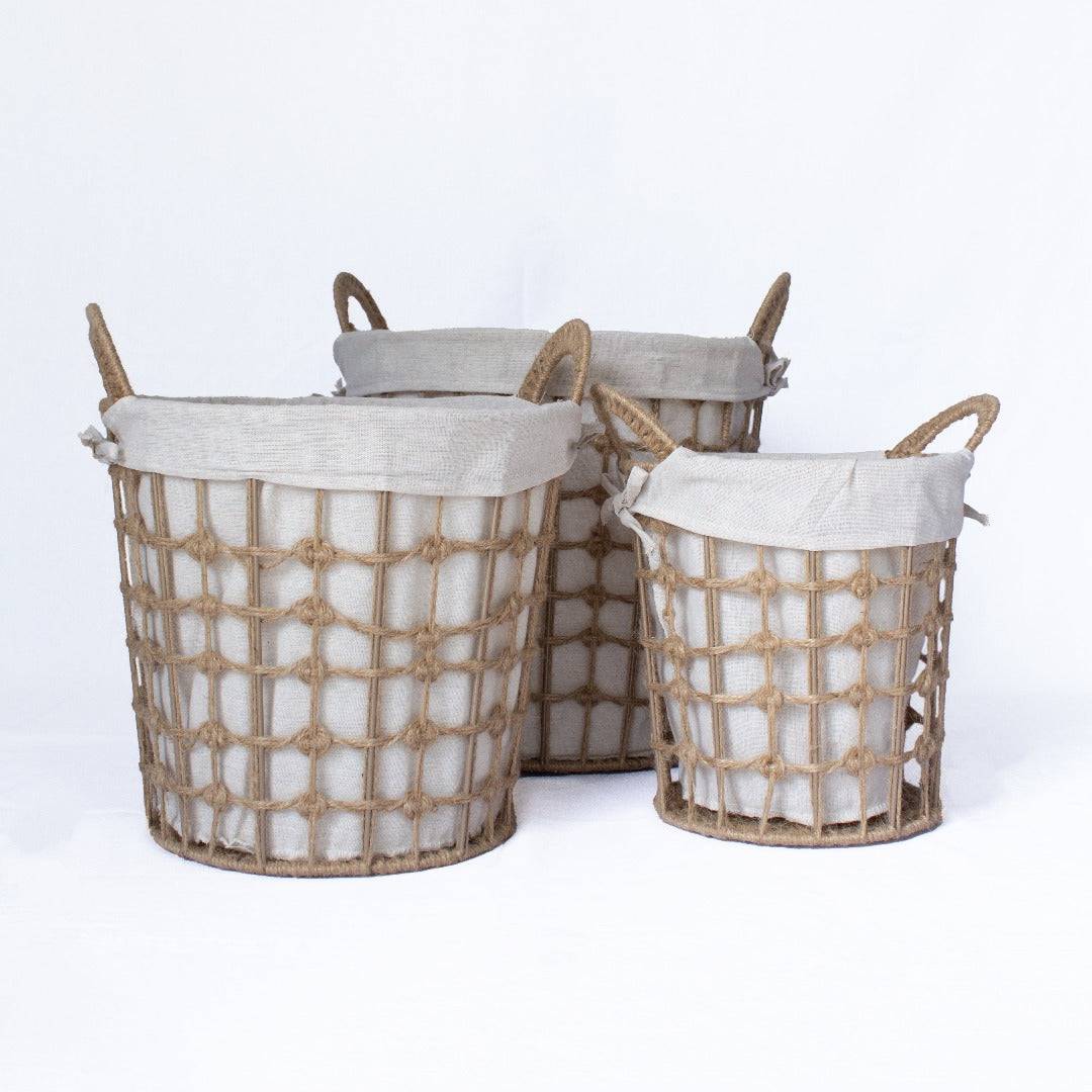 Round Hemp Tied Wire Basket with Fabric Inner