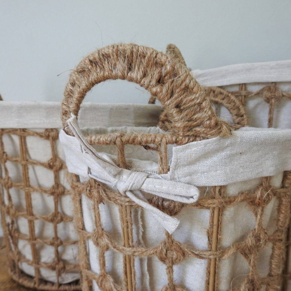 Round Hemp Tied Wire Basket with Fabric Inner