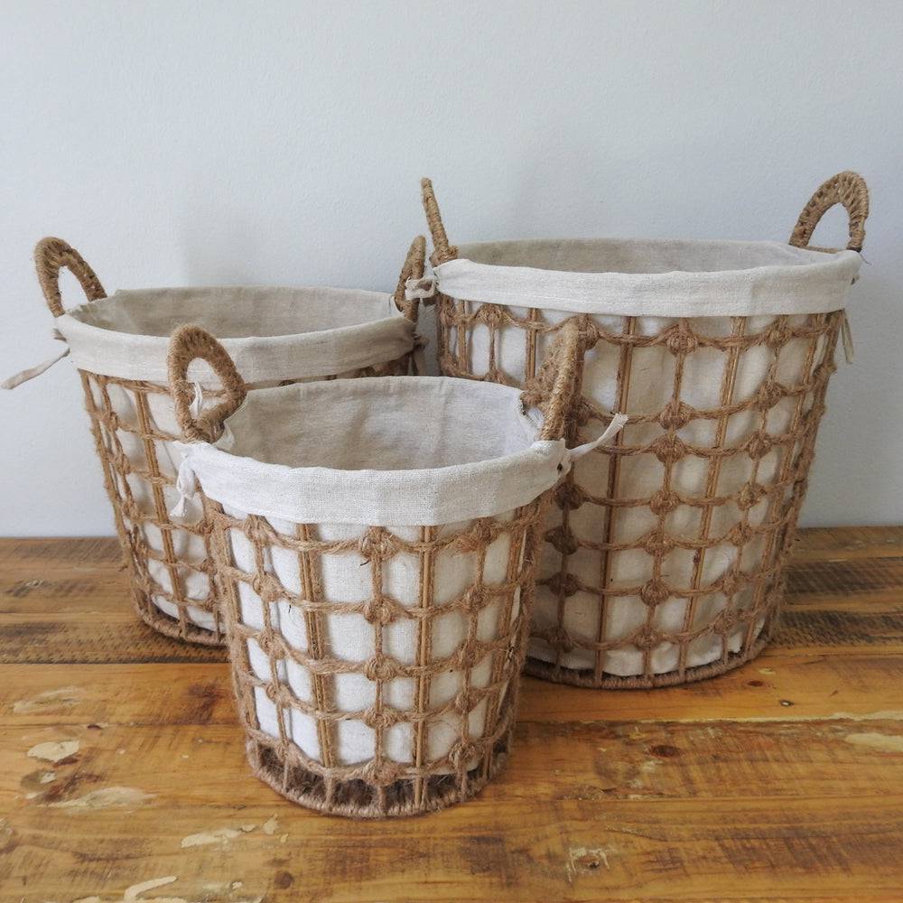 Round Hemp Tied Wire Basket with Fabric Inner