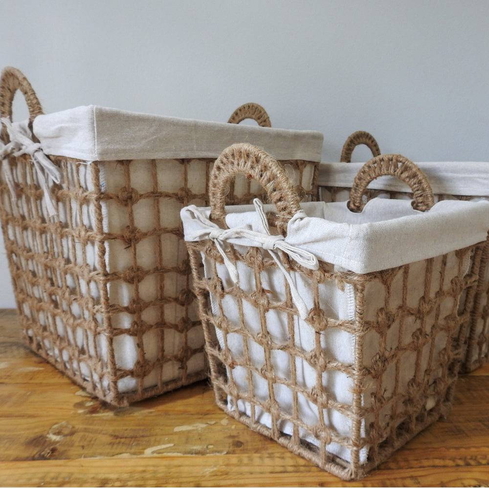 Square Hemp Tied Wire Basket with Fabric Inner