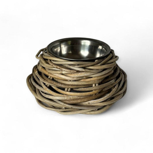 Rattan Pet Bowl with Stainless Steel Bowl