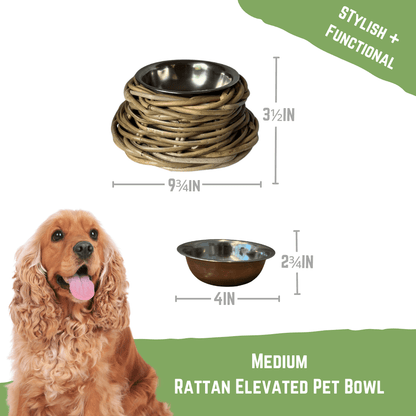 Rattan Pet Bowl with Stainless Steel Bowl