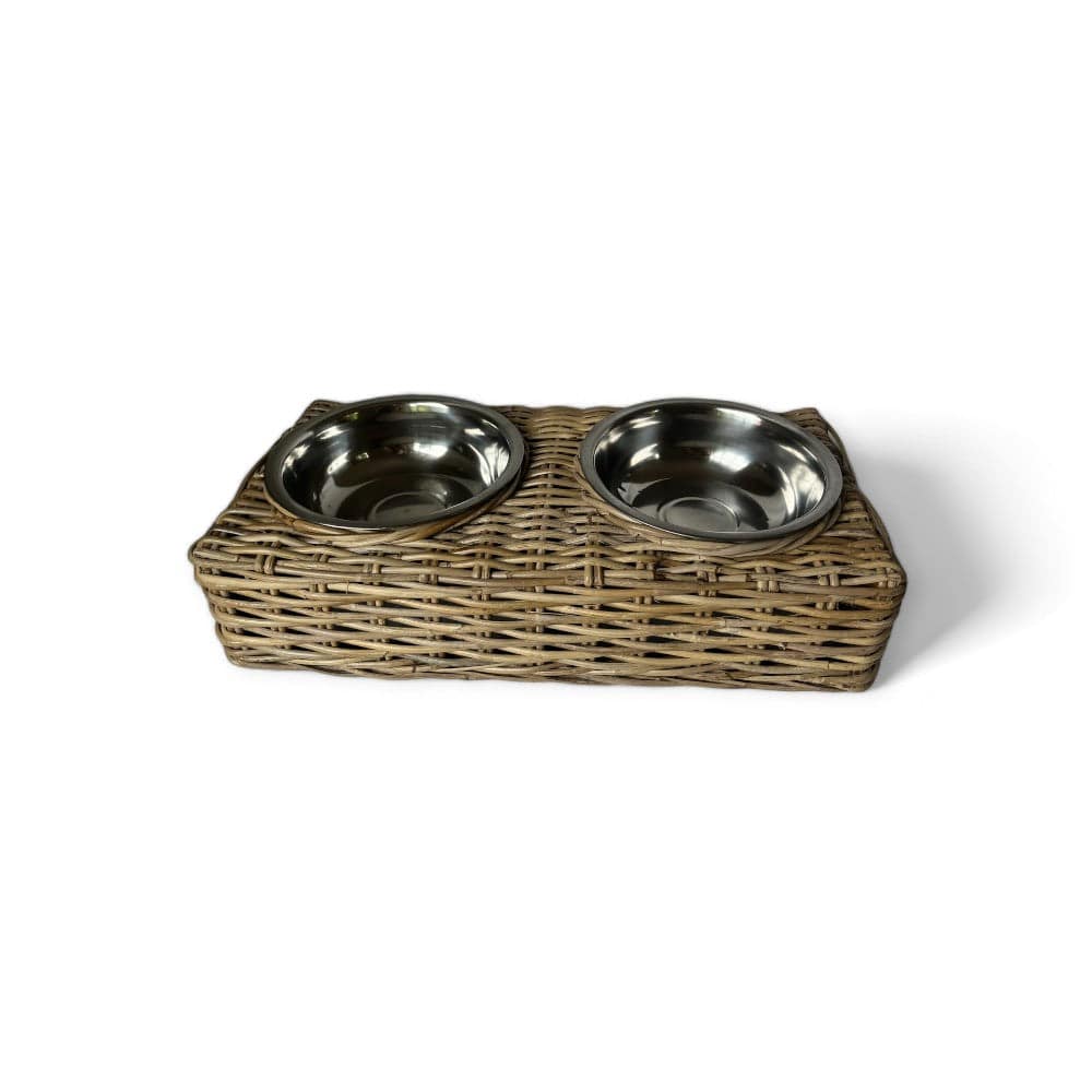 Rattan Double Pet Bowl with Stainless Steel Bowl