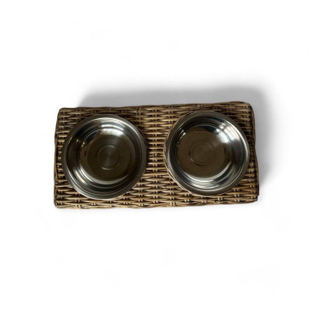 Rattan Double Pet Bowl with Stainless Steel Bowl